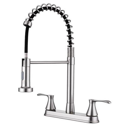 360° Rotating Spout Commercial 2 Handle Stainless Steel Kitchen Faucets with Deck Plate Brush Nickel