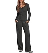 Darong Womens 2 Piece Matching Lounge Sets 2026 Long Sleeve Henley Shirts Wide Leg Pants Airport ...