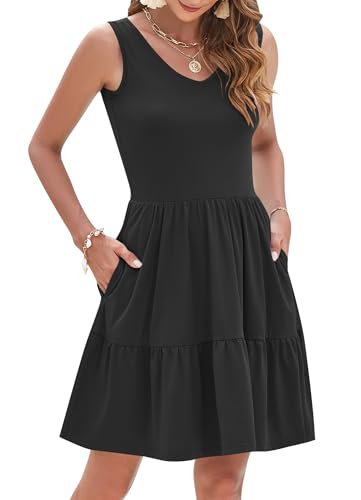 AUSELILY Womens Summer Dresses 2026 Casual Sleeveless Sundress Beach Vacation Flowy Tiered Short Dresses with Pockets