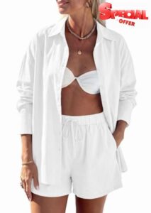PRETTYGARDEN Women's Summer 2 Piece Matching Lounge Sets Pajamas Long Sleeve Shirts Blouse Pockets Shorts 2026 Spring Outfits