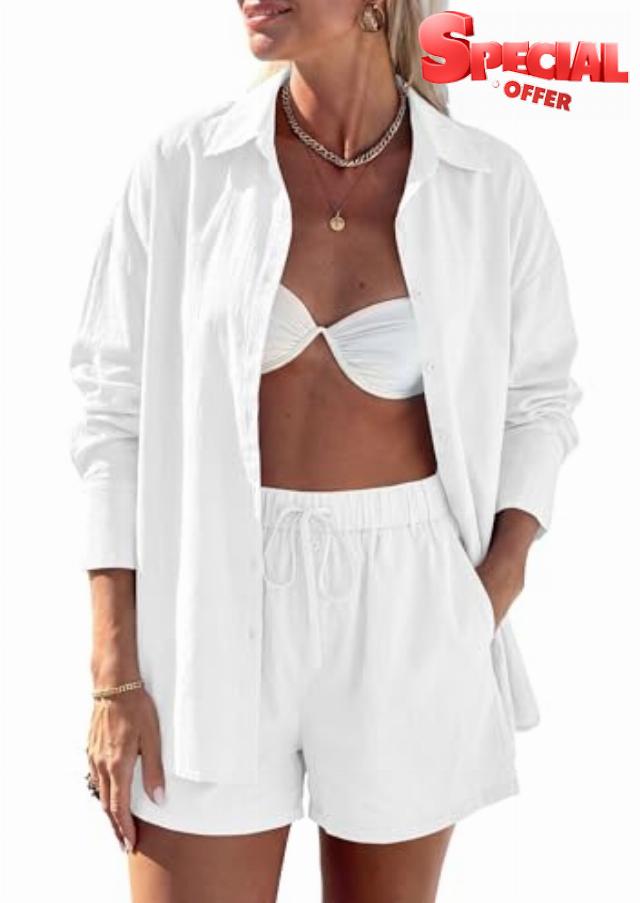 PRETTYGARDEN Women's Summer 2 Piece Matching Lounge Sets Pajamas Long Sleeve Shirts Blouse Pockets Shorts 2026 Spring Outfits