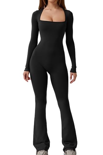 QINSEN Jumpsuits for Women Square Neck Wide Leg Full Length Romper Playsui