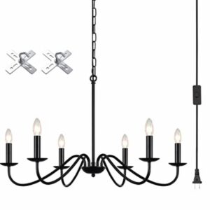 LASENCHOO Plug in Chandelier Black 6 Lights Plug in Pendant Light Hanging Lights with Plug in Cord 15.1ft & Switch