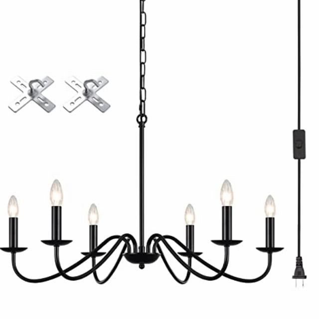 LASENCHOO Plug in Chandelier Black 6 Lights Plug in Pendant Light Hanging Lights with Plug in Cord 15.1ft & Switch