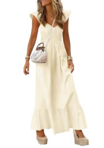 PRETTYGARDEN Women's 2026 Summer Casual Maxi Dresses Cap Sleeve V Neck Smocked Long Pockets Party Sundress Vacation Outfits