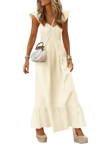 PRETTYGARDEN Women's 2026 Summer Casual Maxi Dresses Cap Sleeve V Neck Smocked Long Pockets Party Sundress Vacation Outfits