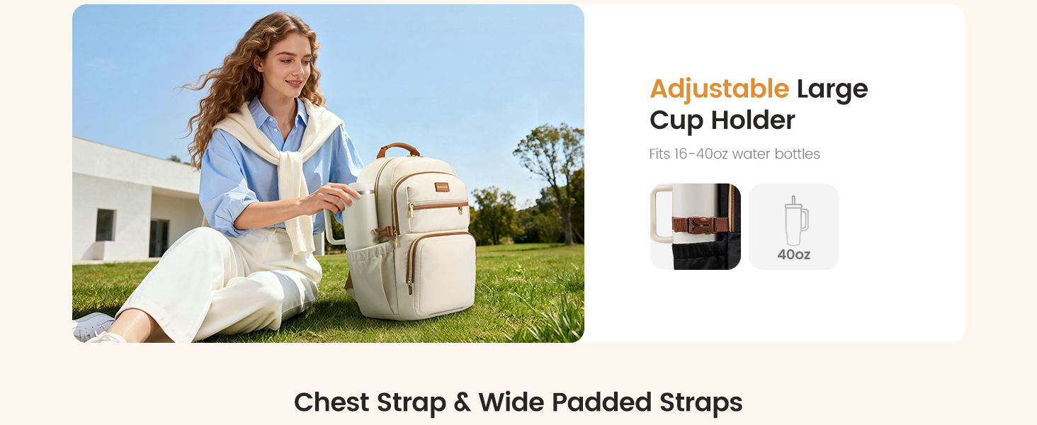 Adjustable side pockets to securely hold large water bottles.