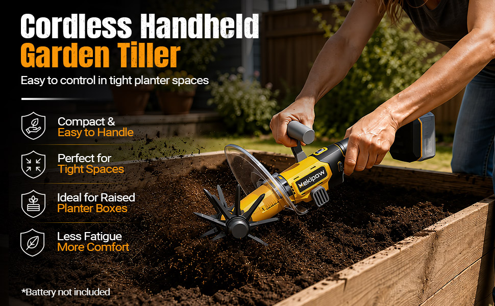 Mini Handheld Tiller Cultivator for Gardening Compatible for Dewalt 20V Battery