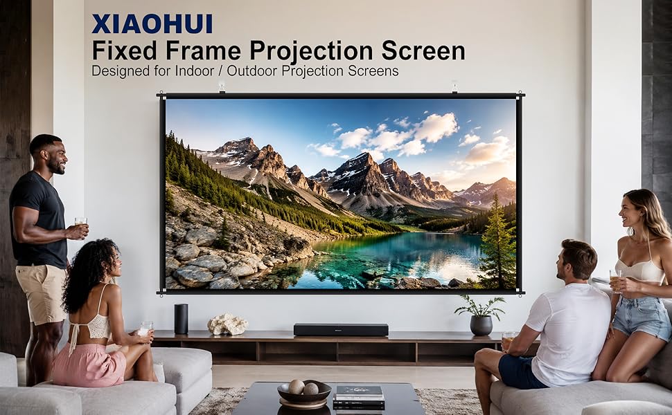 People watching a scenic view on a large wall-mounted screen in a living room.