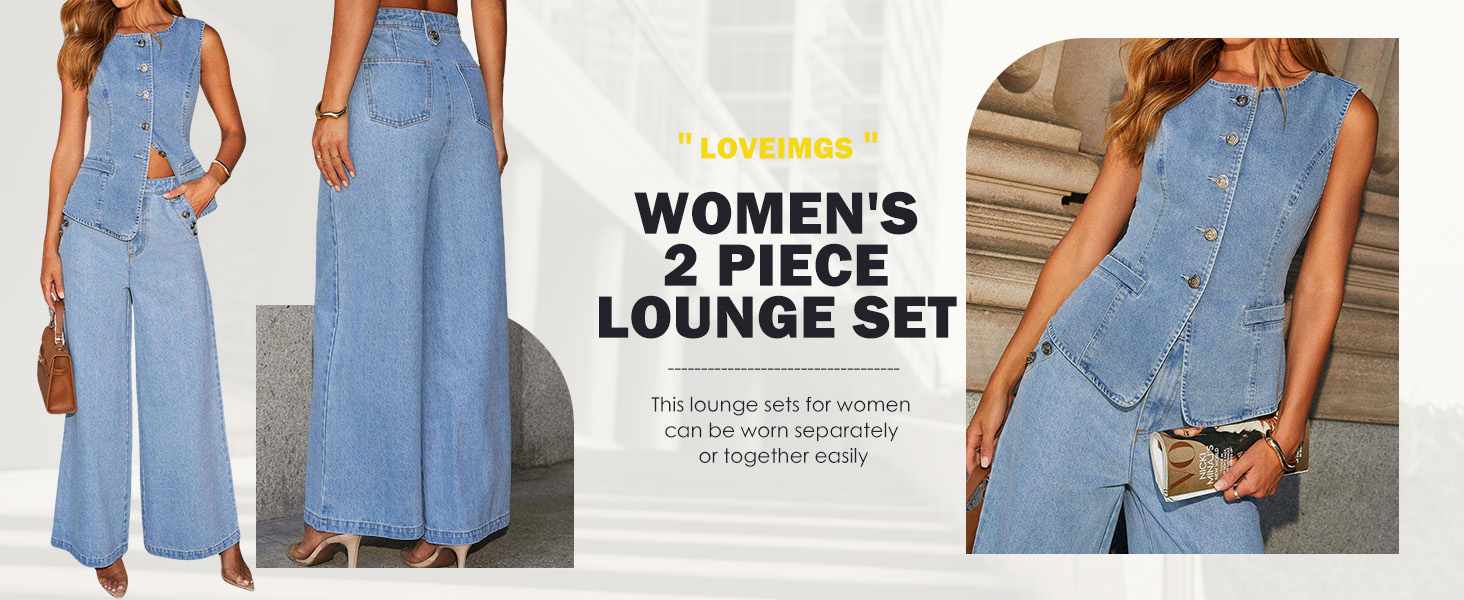 Women 2 Piece Denim Set Jean Vest Denim Y2k Wide Leg Jeans Outfits