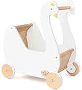 Pillowhale Wooden Baby Walker & Doll Stroller – Adjustable Handle Push Cart, Anti‑Tip, Quiet Whee...