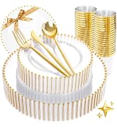 supernal 180Pcs White and Gold Dinnerware Set,Premium Heavy Duty White Plastic Plates with Gold B...