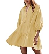 HangNiFang Women's Summer Babydoll Mini Dress Flowy Puff Sleeve Tiered Button Down Oversized Tuni...