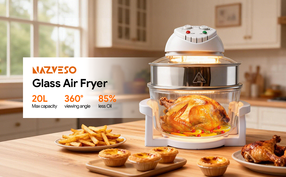 Nazveso Glass Air Fryer: 20L, 360° view, 85% less oil. Crispy & healthy!