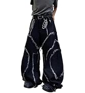 DFGIGT Mens Baggy Jeans Street Rock Style Fringe Frayed Edges Jeans Patchwork Wide Leg Skater Den...