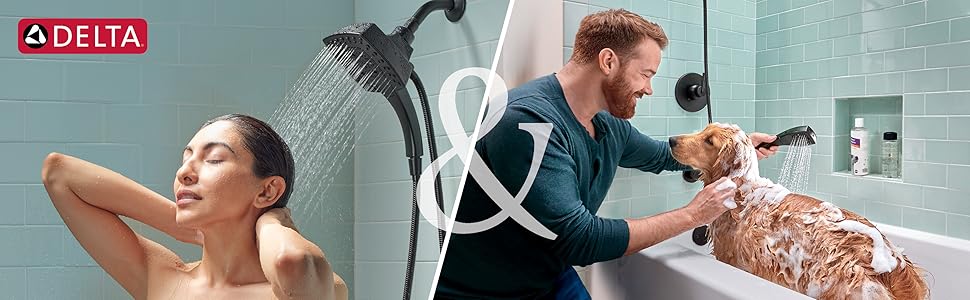 Image of female showering and image of male washing a dog with a Delta logo