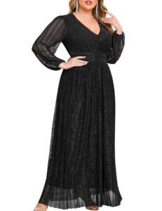 ZOMVA Plus Size Maxi Formal Dress Sparkly V-Neck A-line Ruffle Sleeves Evening Gown Cocktail Prom Lace