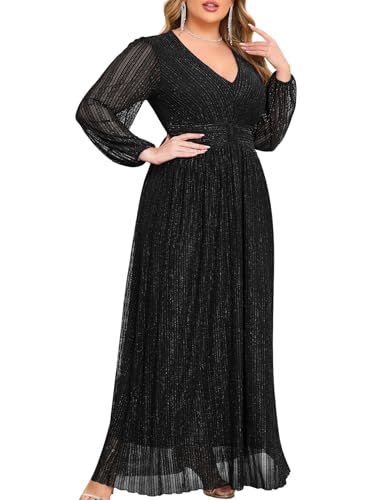ZOMVA Plus Size Maxi Formal Dress Sparkly V-Neck A-line Ruffle Sleeves Evening Gown Cocktail Prom Lace