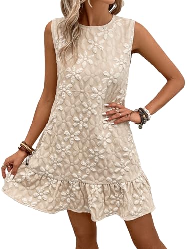 SOLY HUX Women's Ruffle Hem Sleeveless Tank Dress Round Neck Casual Jacquard Hem Smock Summer Mini Dresses