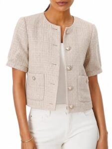 LifeShe Puff Short Sleeve Tweed Jacket Women Cropped Blazer Summer Open Front Casual Office Work Coa