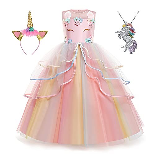 Unicorn Dress for Girls Unicorn Costume Pageant Princess Party Birthday Long Gown with Unicorn Headband & Necklace