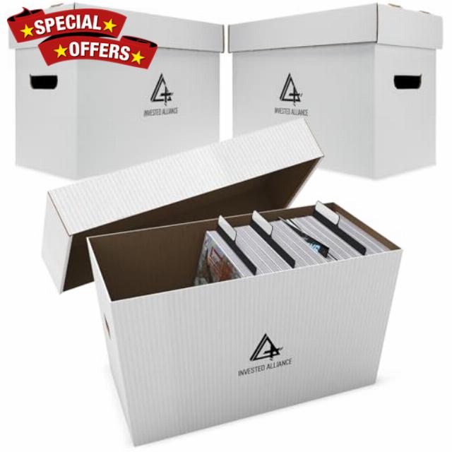 Invested Alliance Premium Short Comic Book Storage Box Organizer with Lid | Thick Cardboard Comic Storage Box For Collectibles Fits 150-175 Current/Silver Age