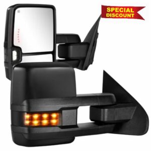 Towing Mirrors for 2014-2018 Chevy Silverado GMC Sierra 1500 2500 HD 3500 HD with Power Glass LED Arrow Turn Signal Light Backup Lamp Running Light Heated Extendable Pair Set (Black Painted)
