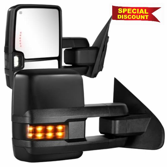 Towing Mirrors for 2014-2018 Chevy Silverado GMC Sierra 1500 2500 HD 3500 HD with Power Glass LED Arrow Turn Signal Light Backup Lamp Running Light Heated Extendable Pair Set (Black Painted)