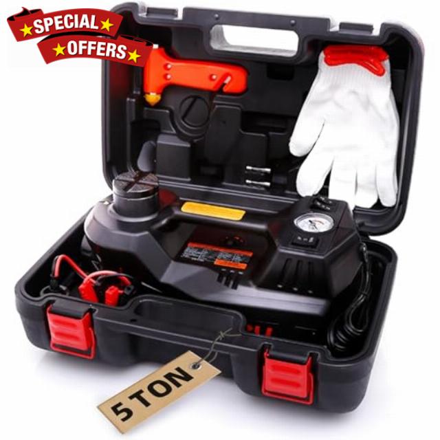 STANDTALL Electric Car Jack Quick Lifting Safe and Portable with Tire Inflator and LED Light Complete Set of Accessories 12V Hydraulic Floor Jack