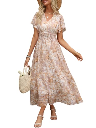 ANRABESS Womens Summer Floral Maxi Dress Casual V Neck Short Sleeve Chiffon Boho Flowy Beach 2026 Wedding Guest Long Dresses
