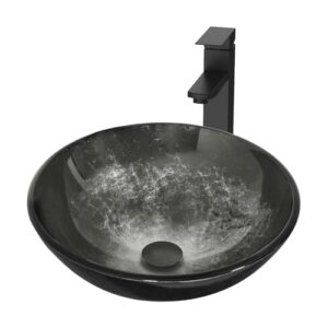 Tempered Glass Vanity Round Bowl with Oil Rubber Bronze Faucet and Pop up drain Set