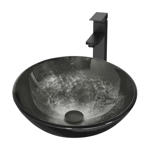 Tempered Glass Vanity Round Bowl with Oil Rubber Bronze Faucet and Pop up drain Set