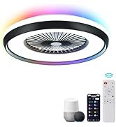 HUMHOLD 24" Low Profile Ceiling Fan with 3-Dimmable Light, Flush Mount Ceiling Fan Lighting Remot...