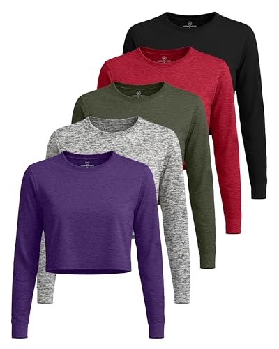Real Essentials 5 Pack: Women's Dry-Fit Long Sleeve Crop Top - Running Workout Gym Athletic Crew Neck Shirt (Plus Available)