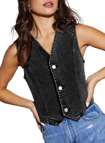 Sidefeel Women's Denim Vest Sleeveless V Neck Zimbaplatinum Jean Vest Top Button Down Crop Waistcoat Vest Summer Outfi