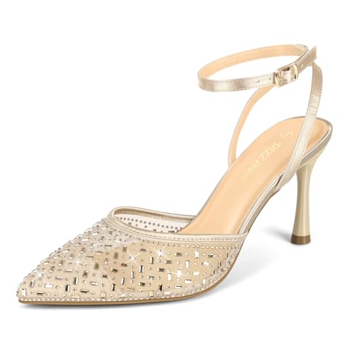 PIZZ ANNU Women's Cienna High Heels Sexy Stiletto Pumps Closed Toe Mesh Sparkly Rhinestones Ankle Strap Dress Wedding Party Pumps Shoes
