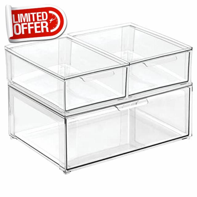 mDesign Plastic Stackable Bathroom Storage Organizer Bin Containers with Front Pull Drawer for Bathroom Countertop