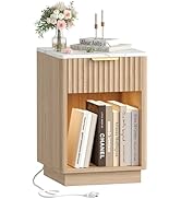 Akxomel Narrow Fluted Nightstands Set of 2, Wooden Slim Bedside Table with Charging Station, Mid-...