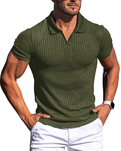 Collared Muscle Shirts for Men Ribbed Knit Slim Fit Polo Shirts Short Sleeve
