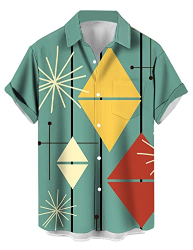 QIVICIMA Men's Retro Bowling Shirts 50s Rockabilly Style Button Down Shirts Vintage Style Camp Shi