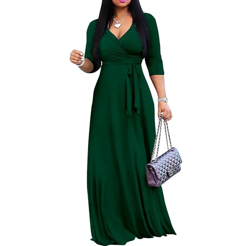 Mrskoala Women Plus Size Long Maxi Wrap Dresses Summer Sundress V-Neck 3/4 Sleeve