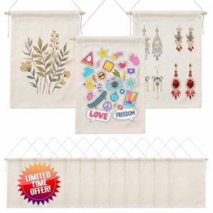 Fanfanwin 24 Pcs Canvas Banner Blank with 24 Wooden Dowels Tied String Natural Canvas Banners Wall Hanging Banner Flag for Buttons Lapel Collection Indoors Wedding Graduation Deco