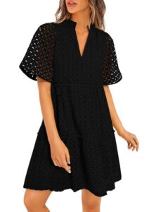 PRETTYGARDEN Eyelet Dresses for Women 2026 Summer Short Sleeve V Neck Hollow Out Ruffle A Line Boho Beach Vacation Mini Dress