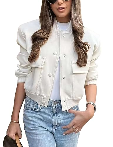 Megfie Womens Cropped Bomber Jacket Button Down Varsity Jackets Shackets with Pockets