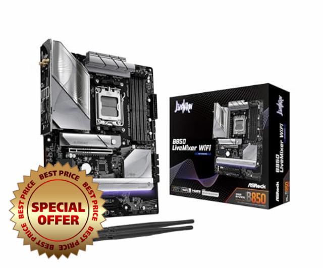 ASRock AMD B850 LiveMixer WiFi 7 Socket AM5 Ryzen 9000/8000/7000 Series DDR5 8000+ (OC) MHz 256GB ATX Motherboard M.2 SATA3 6.0 Gb/s PCIe 5.0 BIOS Flashback 1 HDMI 1 DisplayPo