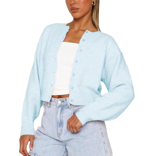 RUEWEY Women Y2k Crew Neck Button Down Long Sleeve Cropped Cardigan Knitted Sweater Light Jacke