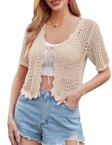 Kate Kasin Women Crochet Shrug Sweater Tie Front Knit Bolero Shrug for Dress Short Sleeve Cropped Cardiga