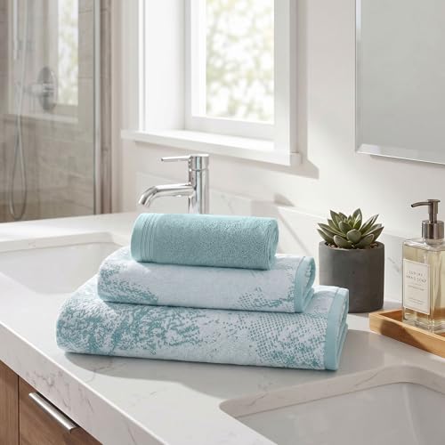 Cyan | Cotton Bath Towel Set with Hanging Loops & Jacquard Border