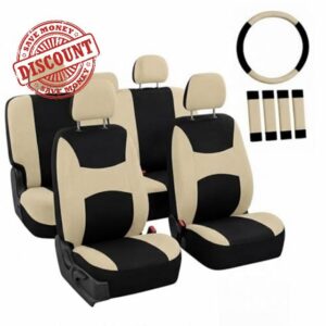 Automotive Seat Covers Beige Black Universal Fit Seat Cover Combo Set with Steering Wheel Cover and Seat Belt Pad (Airbag Compatible and Split Bench)