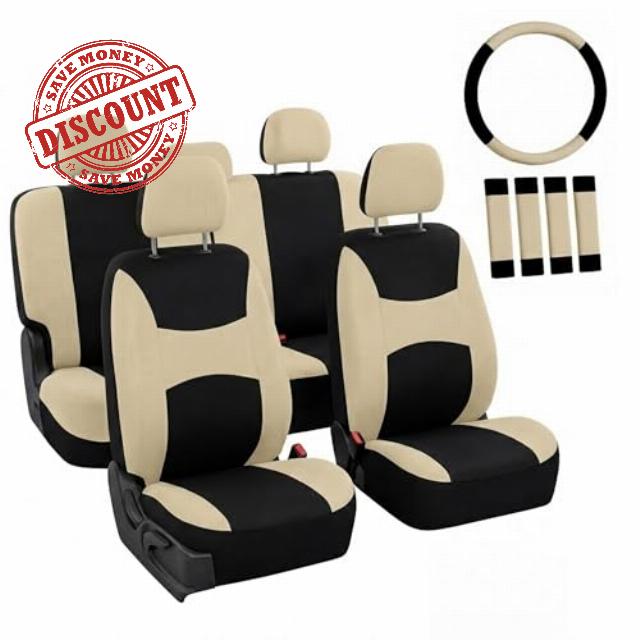 Automotive Seat Covers Beige Black Universal Fit Seat Cover Combo Set with Steering Wheel Cover and Seat Belt Pad (Airbag Compatible and Split Bench)